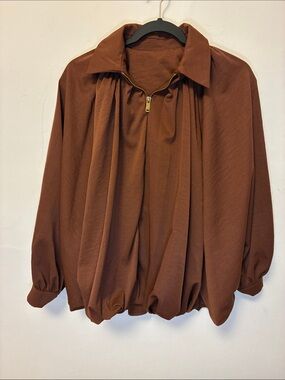 Reddish Brown  Zip-Front Long Sleeve Trendy Blouson Jacket Medium